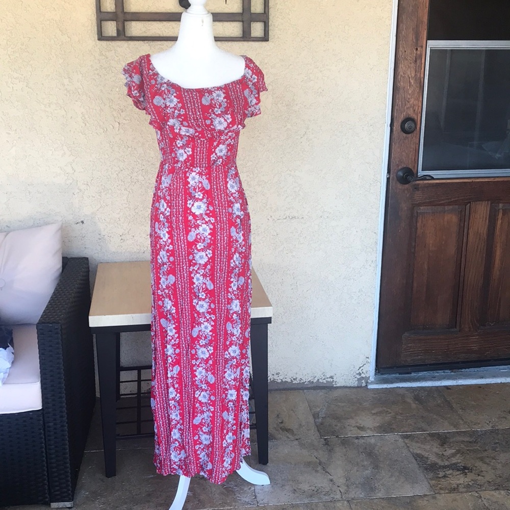 F21 Red off shoulder flower power dress